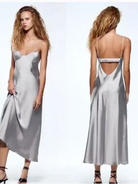 Zara Satin Effect Cutout Slip Midi Dress in Silver/Grey (XS, 0-2)